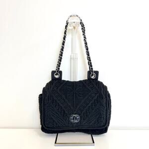 CHANEL Black Crochet Knit Medium CC Logo Single Flap Bag